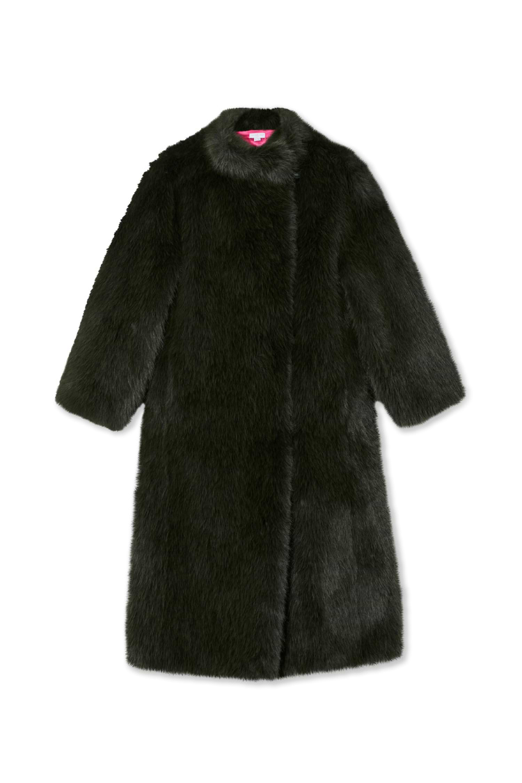 Longline Green Faux Fur Coat with a relaxed silhouette and pop of hot pink lining, shown on a white background.