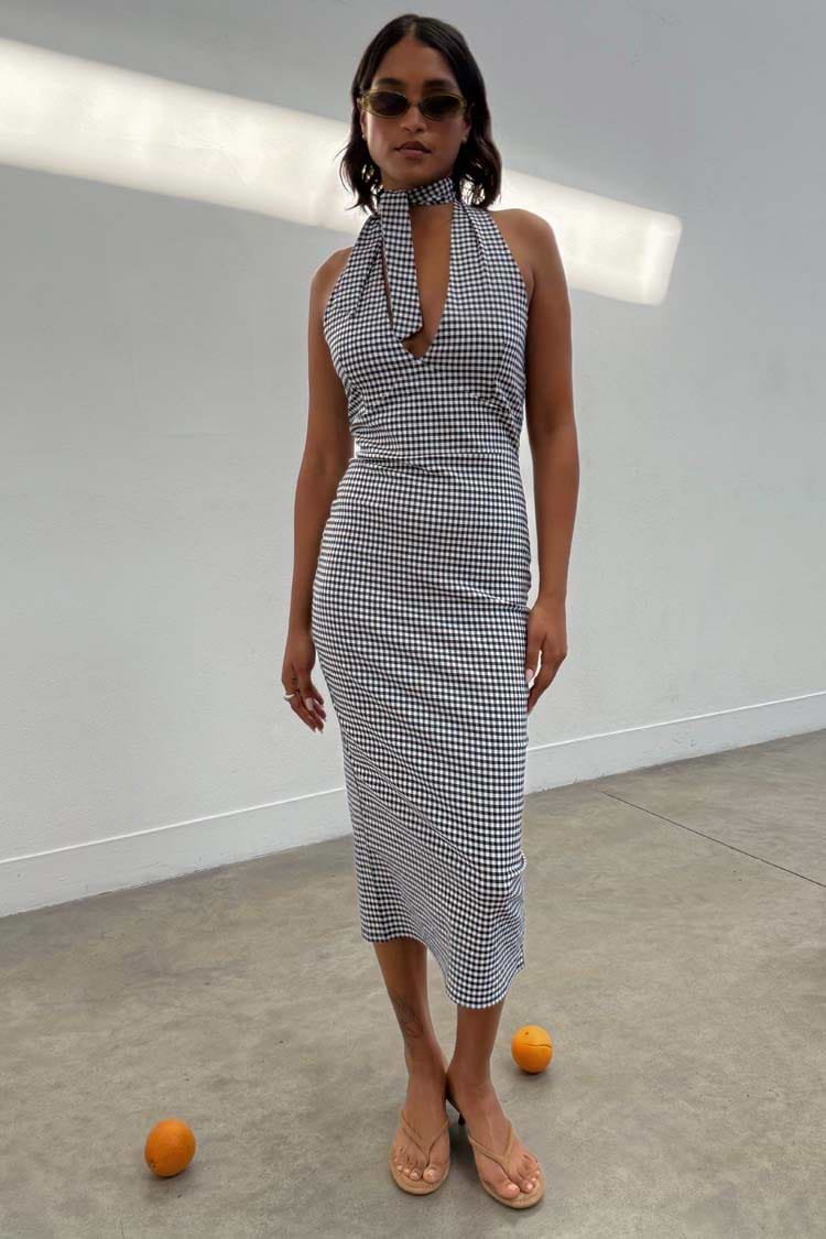 Black and white Gingham Halterneck Dress with a retro halter neck and matching neck scarf.