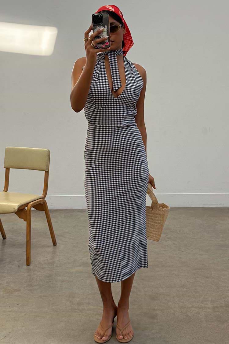 Black and white Gingham Halterneck Dress with a retro tie neck and back slit, designed in London.