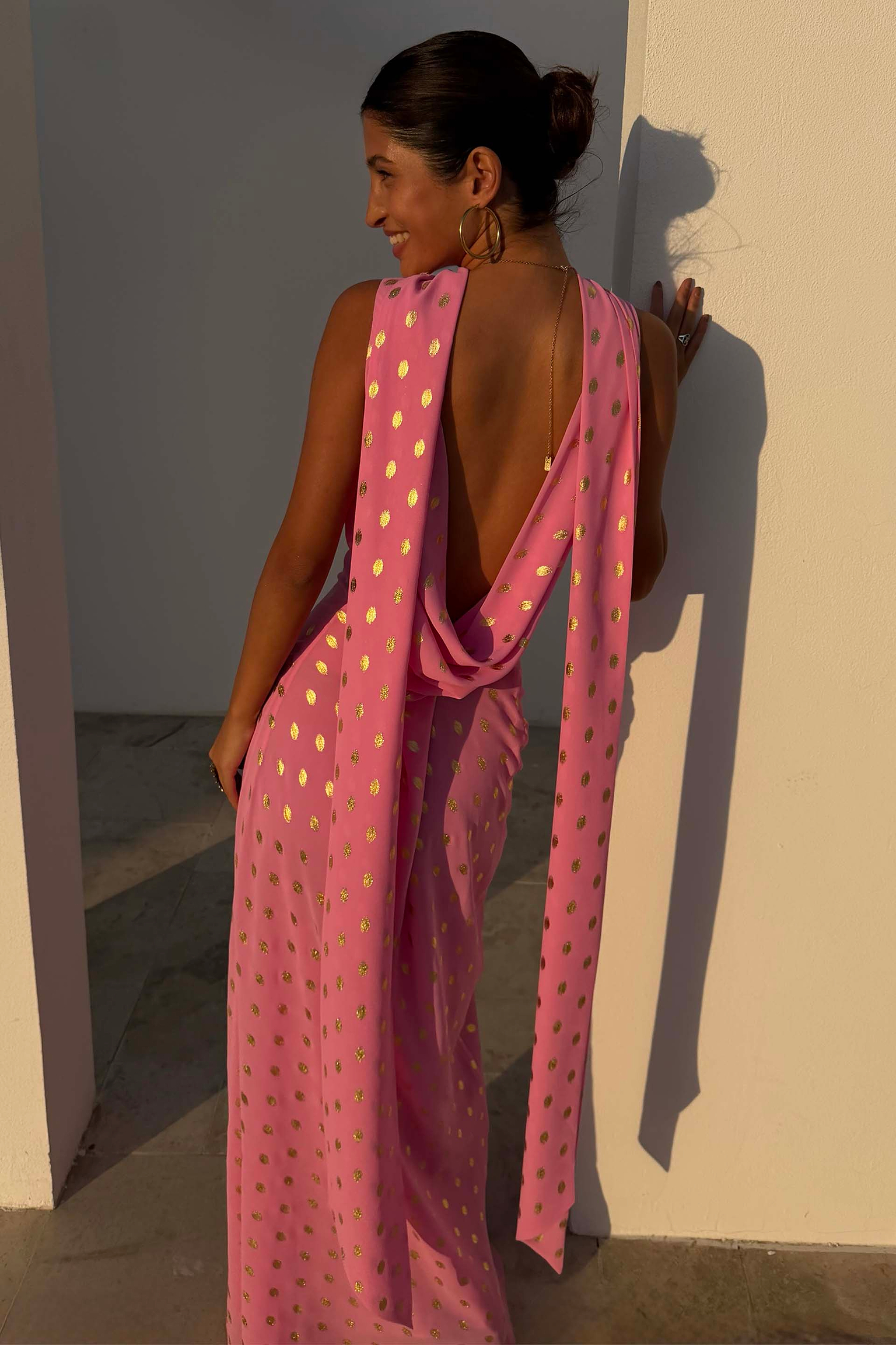 Pink Sophie Dress with gold flecks, featuring a statement draped back and detachable multi-wear scarf.