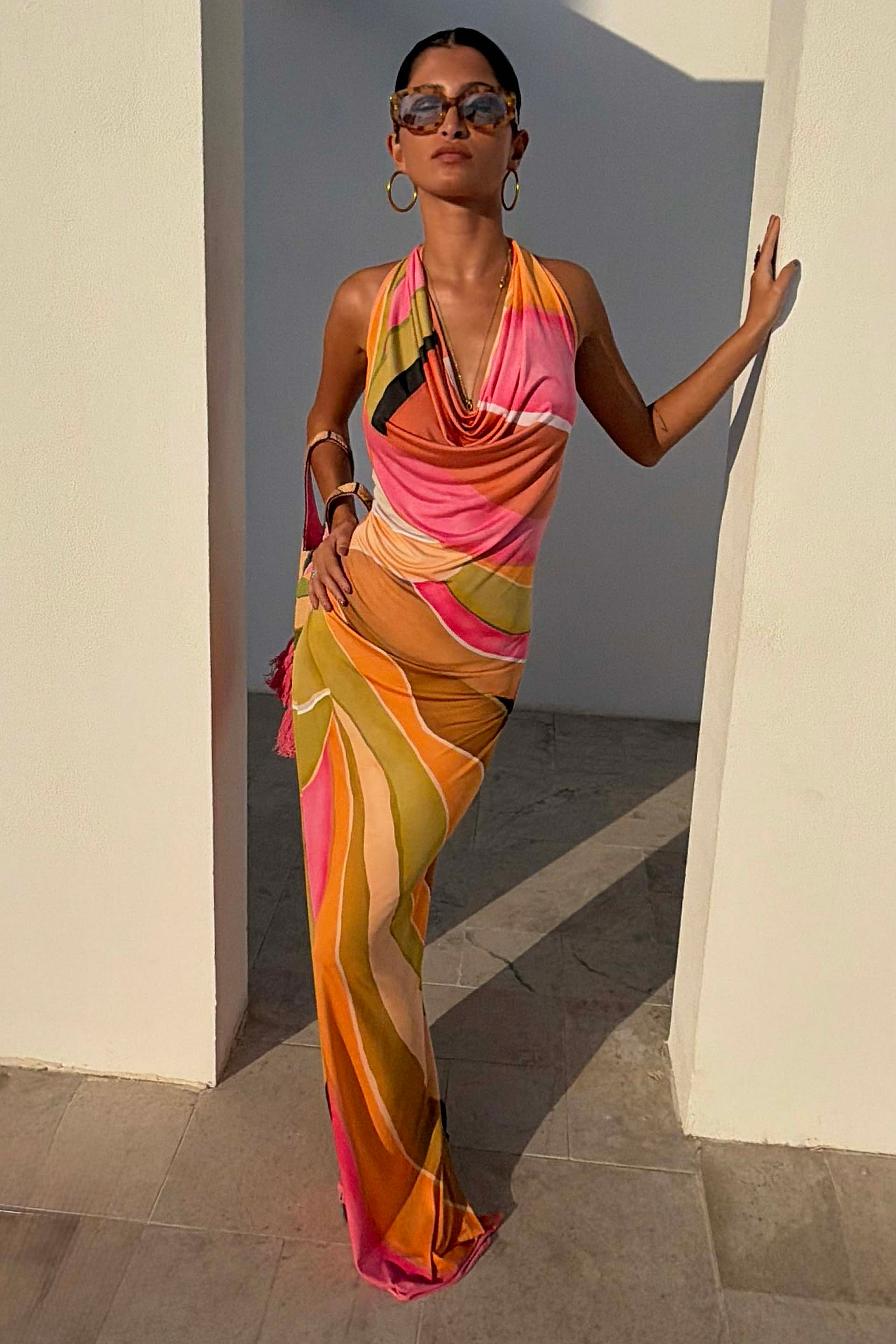 Green Abstract Sabine Dress featuring a cowl neckline and multicoloured wavy print in a maxi length.