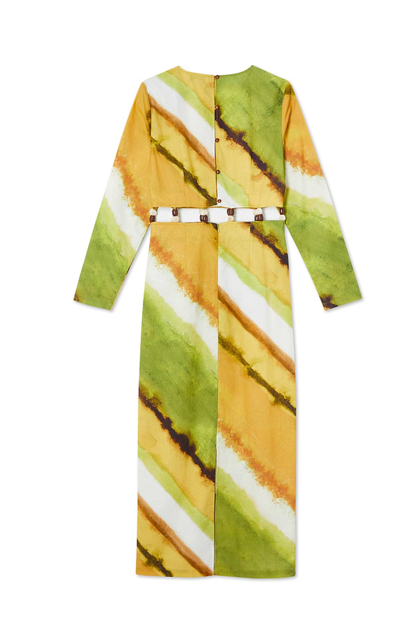Green Ombre Alba Dress in cotton-linen with earthy tones, long sleeves and stone-beaded waist cut-out.