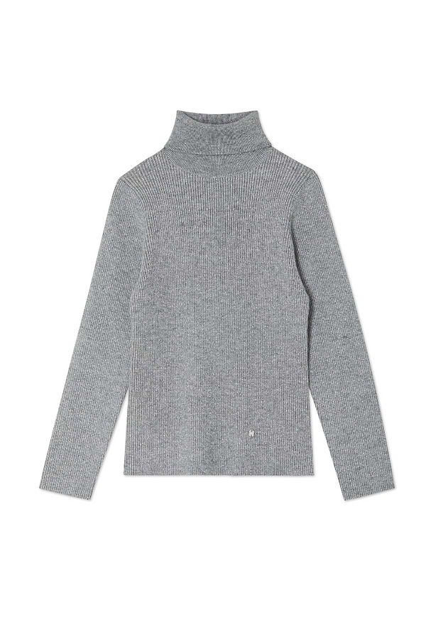 Gunmetal Rib Knit Jumper in grey featuring a roll neck, long sleeves, and a small silver metal NFD logo at the hem.