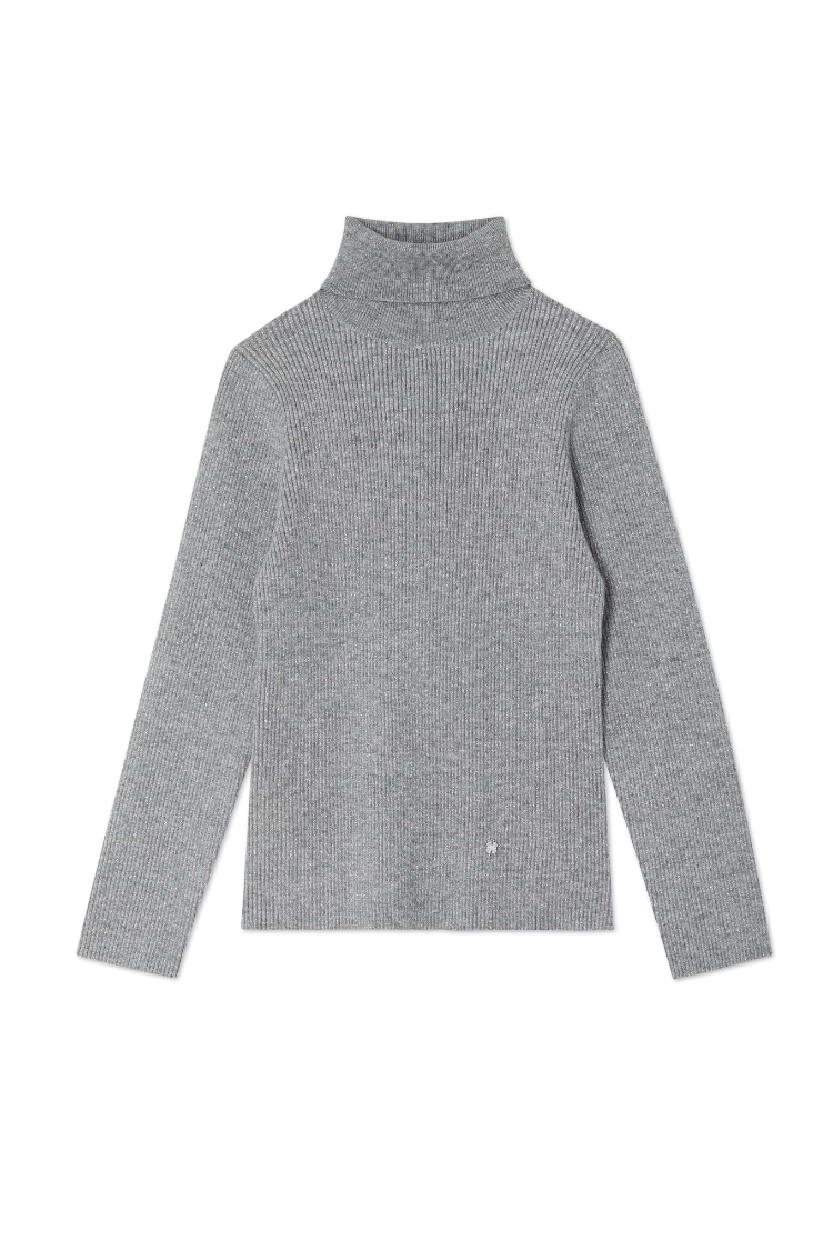 Gunmetal Rib Knit Jumper in grey featuring a roll neck, long sleeves, and a small silver metal NFD logo at the hem.