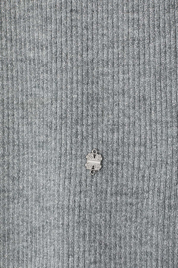 Gunmetal Rib Knit Jumper detail with grey shimmering rib fabric and a small silver metal NFD logo.