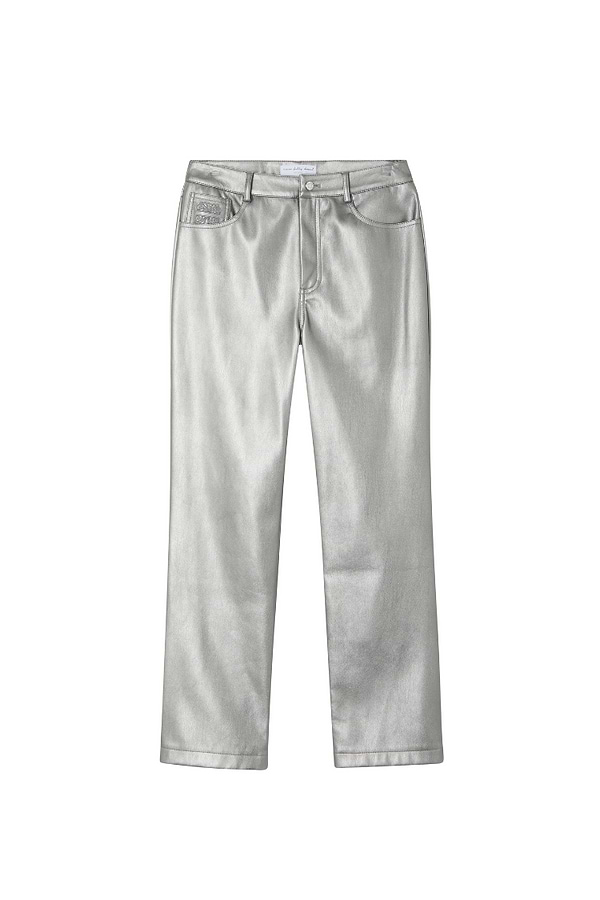 Gunmetal Vegan Leather Trousers with a straight-leg fit and metallic silver-grey finish.