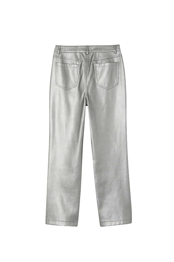 Gunmetal vegan leather trousers with a metallic finish and straight-leg fit, shown from the back.