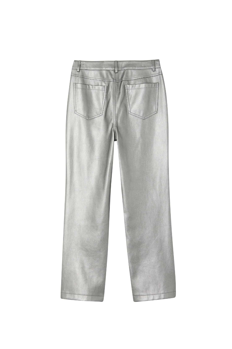 Gunmetal vegan leather trousers with a metallic finish and straight-leg fit, shown from the back.