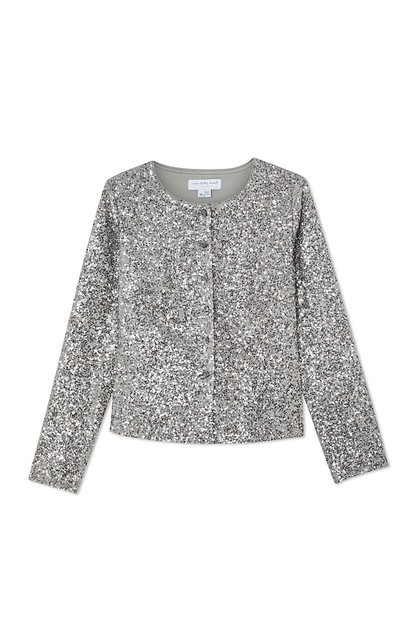 Gunmetal Alexa Sequin Cardigan with long sleeves and silver buttons, designed for layering party outfits.