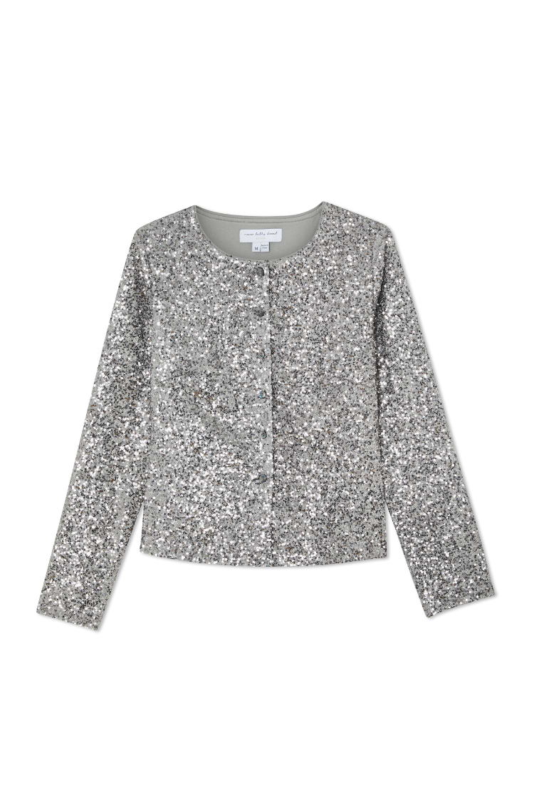 Gunmetal Alexa Sequin Cardigan with long sleeves and silver buttons, designed for layering party outfits.