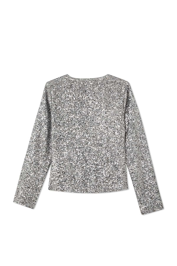 Gunmetal Alexa Sequin Cardigan in silver sequins and a structured silhouette, shown from the back.