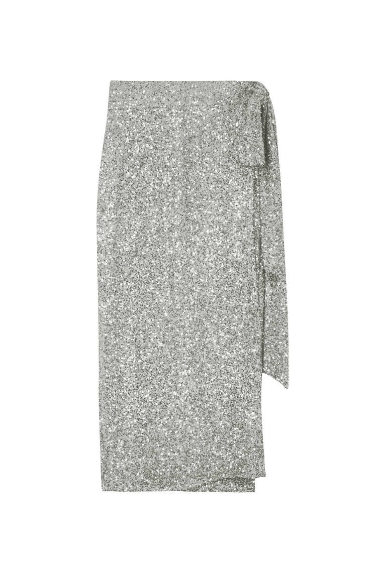 Silver Sequin Maxi Wrap Jaspre Skirt featuring an adjustable tie waist for multi-wear styling.