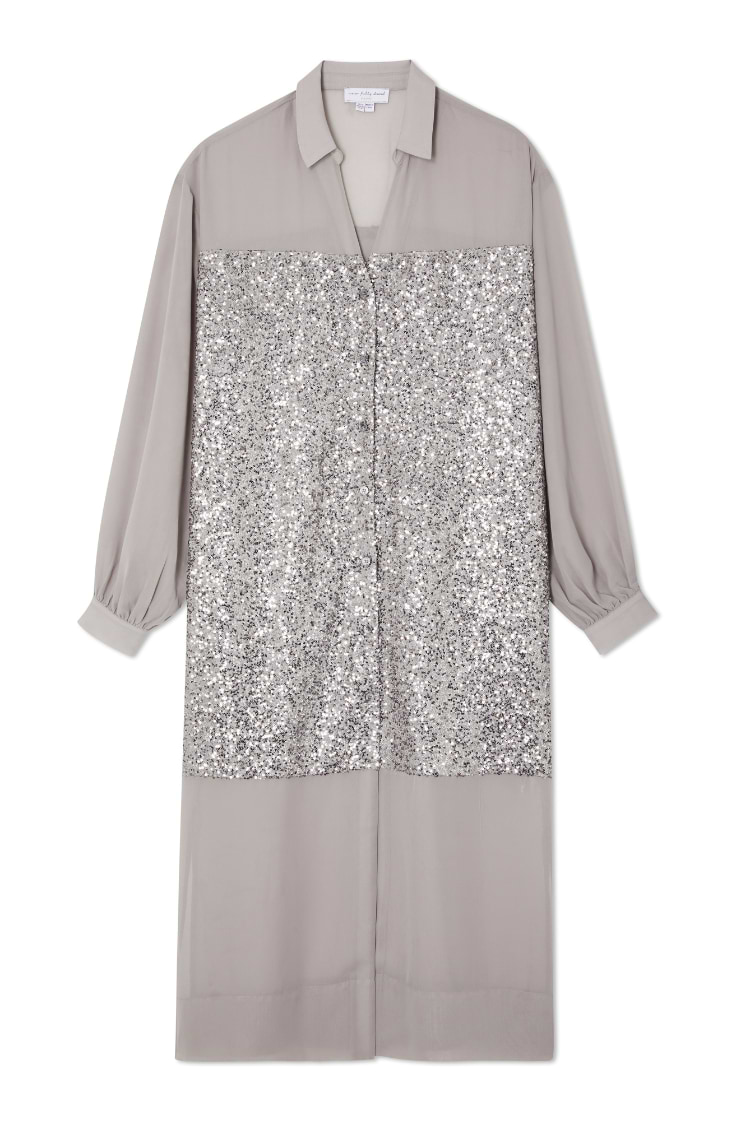 Gunmetal Sequin Lila Shirt Dress with a silver sequinned panel and button-up front in a grey longline style.