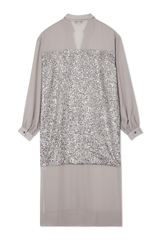 Gunmetal Sequin Lila Shirt Dress featuring shimmering silver sequins and a relaxed longline silhouette.