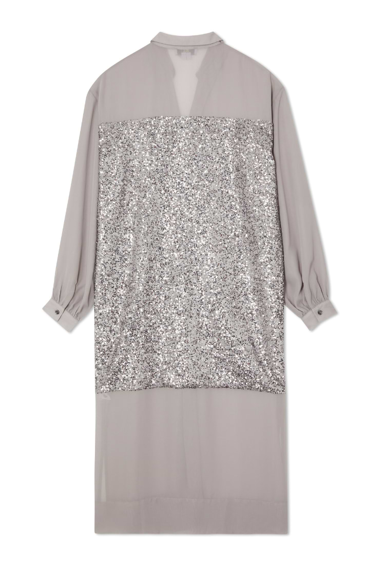 Gunmetal Sequin Lila Shirt Dress featuring shimmering silver sequins and a relaxed longline silhouette.