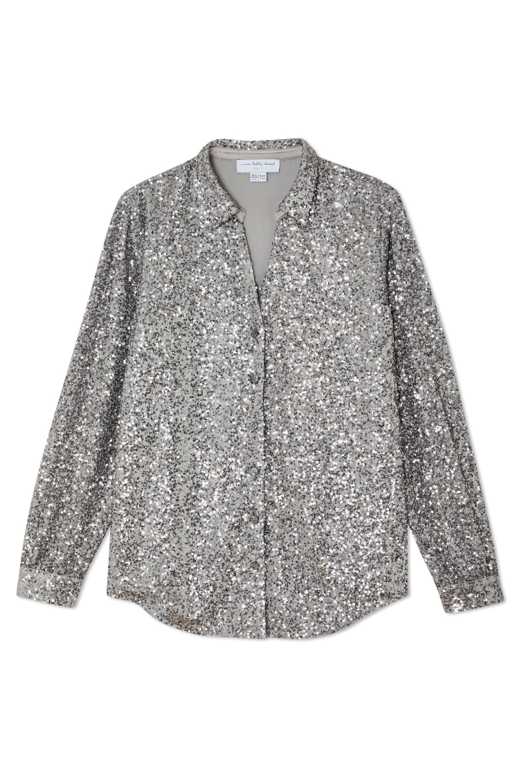 Gunmetal Sequin Miley Shirt with silver sequins, blouson sleeves and button-up fastening, shown flat.