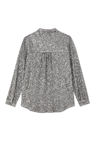 Gunmetal Sequin Miley Shirt in shimmering silver, showing the back of the relaxed-fit, long-sleeved silhouette.