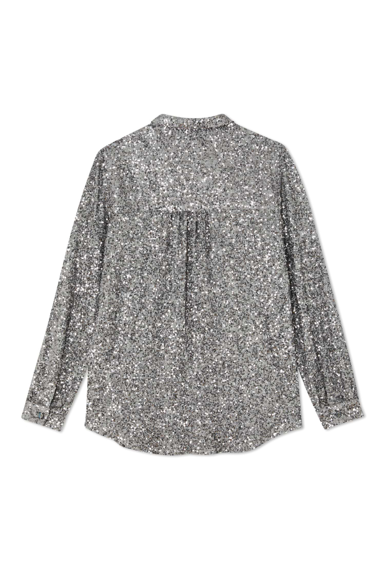 Gunmetal Sequin Miley Shirt in shimmering silver, showing the back of the relaxed-fit, long-sleeved silhouette.