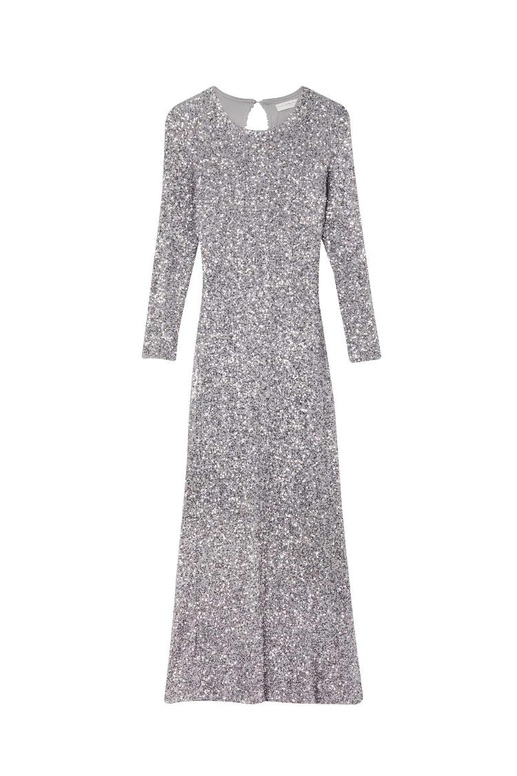 Gunmetal Sequin Soho Dress featuring long sleeves and a keyhole back detail in a shimmering grey finish.