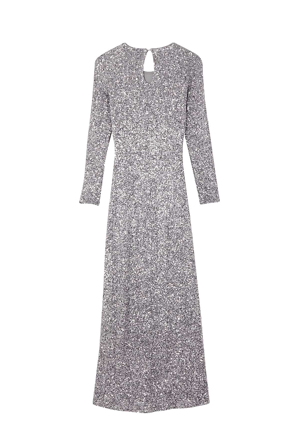 Gunmetal Sequin Soho Dress featuring a shimmering grey finish, long sleeves, and a keyhole back detail.