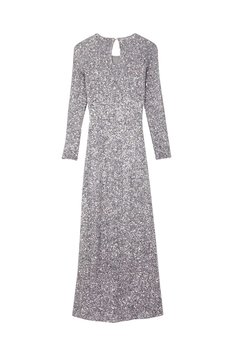 Gunmetal Sequin Soho Dress featuring a shimmering grey finish, long sleeves, and a keyhole back detail.