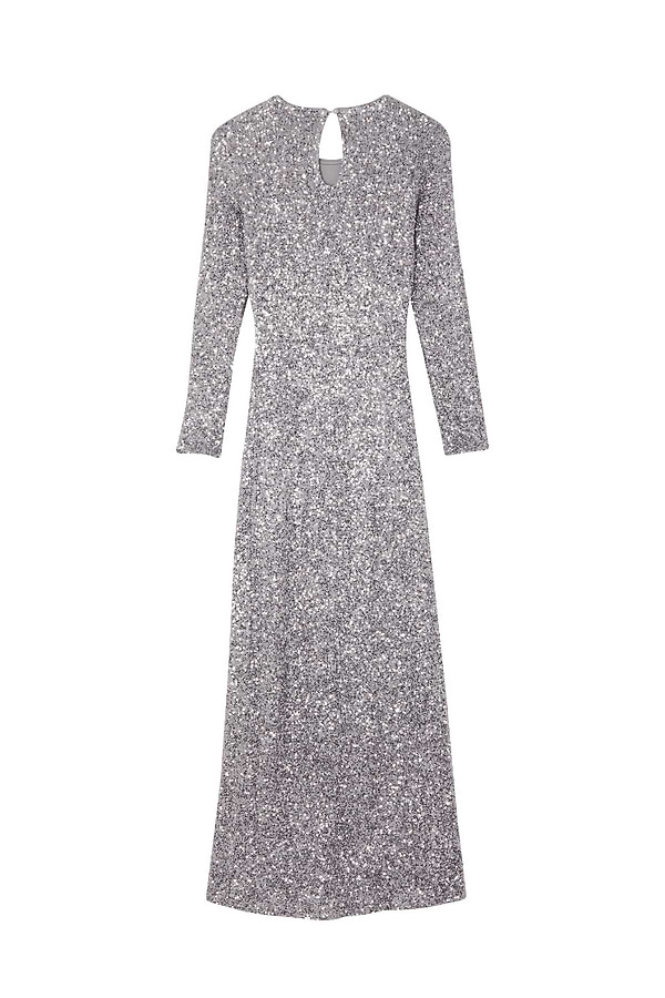 Gunmetal Sequin Soho Dress featuring shimmering grey sequins, long sleeves and a keyhole back detail.