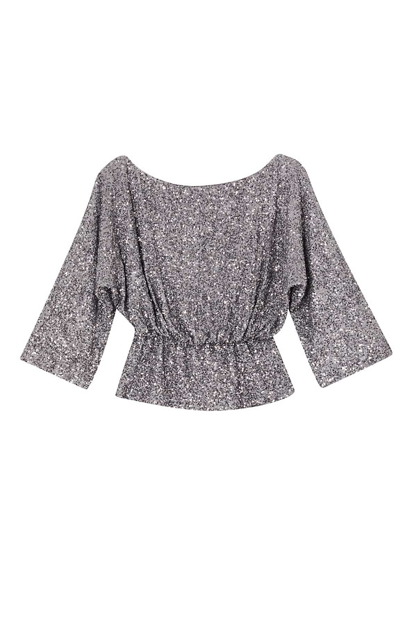 Gunmetal Sequin Tilly Top featuring a boat neckline and elasticated waist, designed in London for dopamine dressing.