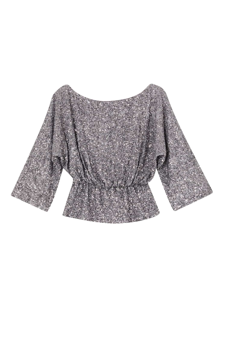 Gunmetal Sequin Tilly Top featuring a boat neckline and elasticated waist, designed in London for dopamine dressing.