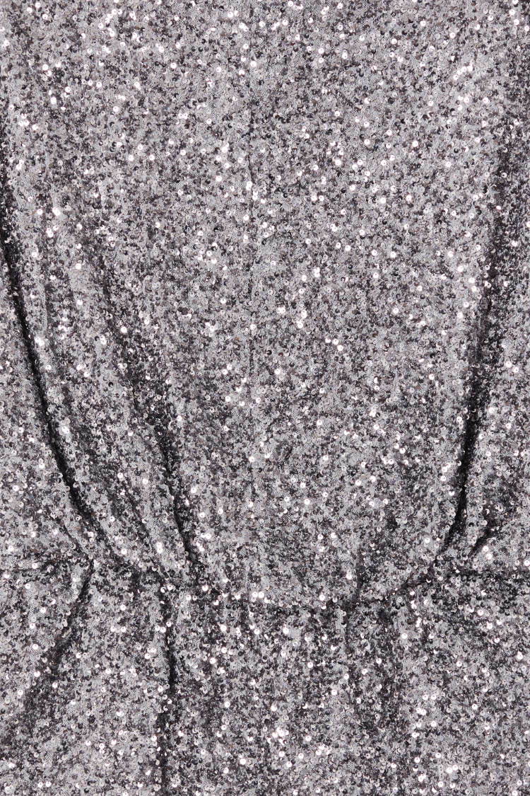 Close-up detail of the Gunmetal Sequin Tilly Top featuring shimmering silver sequins.