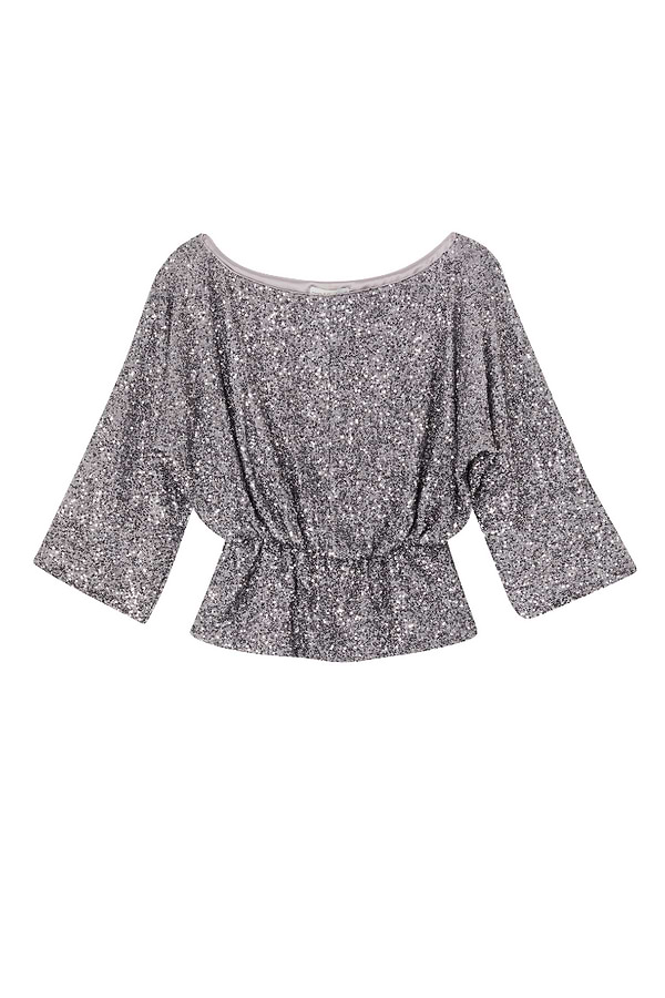 Gunmetal Sequin Tilly Top with wide sleeves and a gathered waist, shown as a flat lay on a white background.