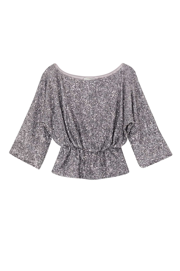 Gunmetal Sequin Tilly Top with wide sleeves and a gathered waist, shown as a flat lay on a white background.