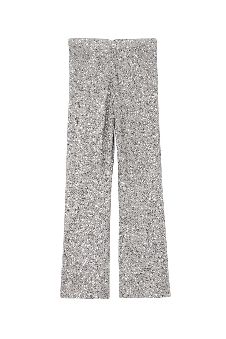 Gunmetal Sequin Freddie Trousers with an all-over silver shimmer and straight-leg silhouette, designed in London.