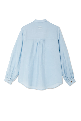 Sky blue Ice Blue Miley Shirt featuring blouson sleeves and embroidered logo on the back neck.
