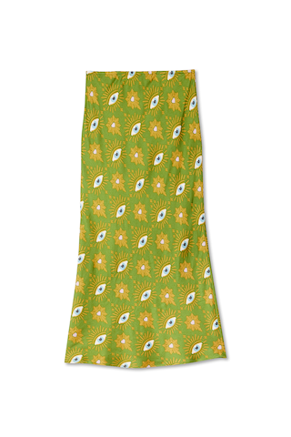 Khaki Eye Dorris Skirt in green featuring a sun-burst eye and heart print with a relaxed midi silhouette.