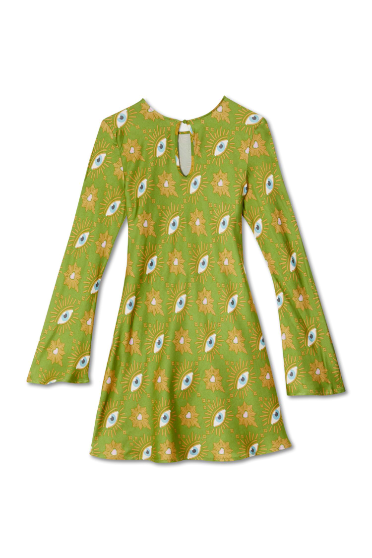 Khaki Eye Mini Soho Dress in green featuring an iconic eye print, flared sleeves and keyhole back detail.