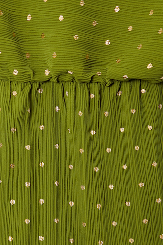 Khaki Mini Plisse Tilly Dress detail highlighting the textured green fabric, gold fleck print and elasticated waist.
