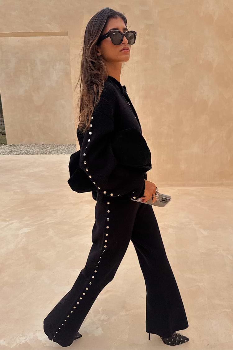Black Studded Knit Trousers and matching cardigan with silver side studs, styled as a monochrome co-ord on a 5ft4” model.