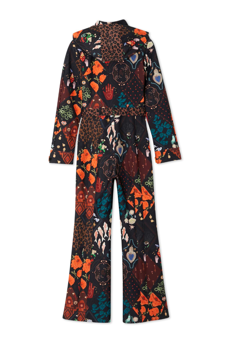 NFD Night Garden Ski Suit in a patchwork print of leopard, poppy and mystical motifs, featuring a hood.