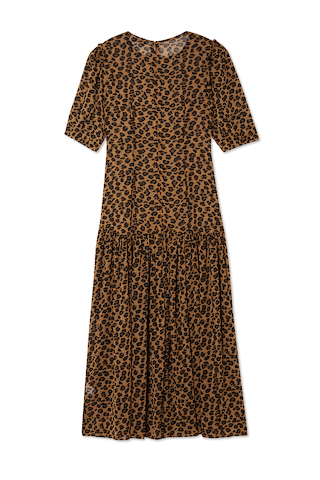 Leopard Lucia Sheer Dress featuring short puff sleeves and a tiered drop-waist skirt in a leopard print.