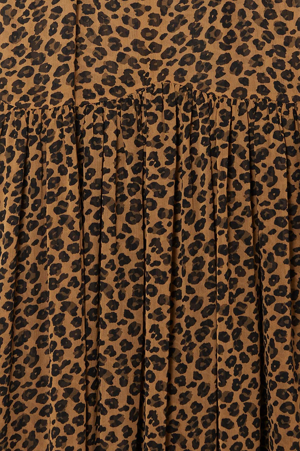 Leopard Lucia Dress detail highlighting the iconic leopard print and gathered tiered skirt construction.