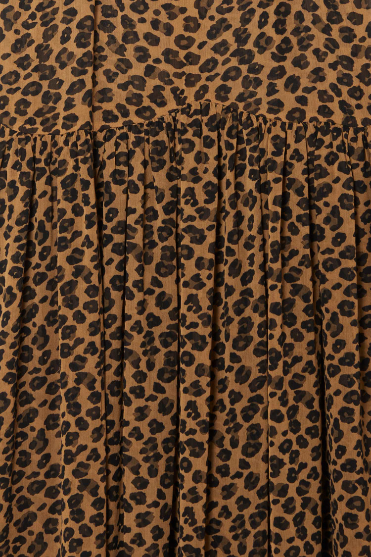 Leopard Lucia Dress detail highlighting the iconic leopard print and gathered tiered skirt construction.