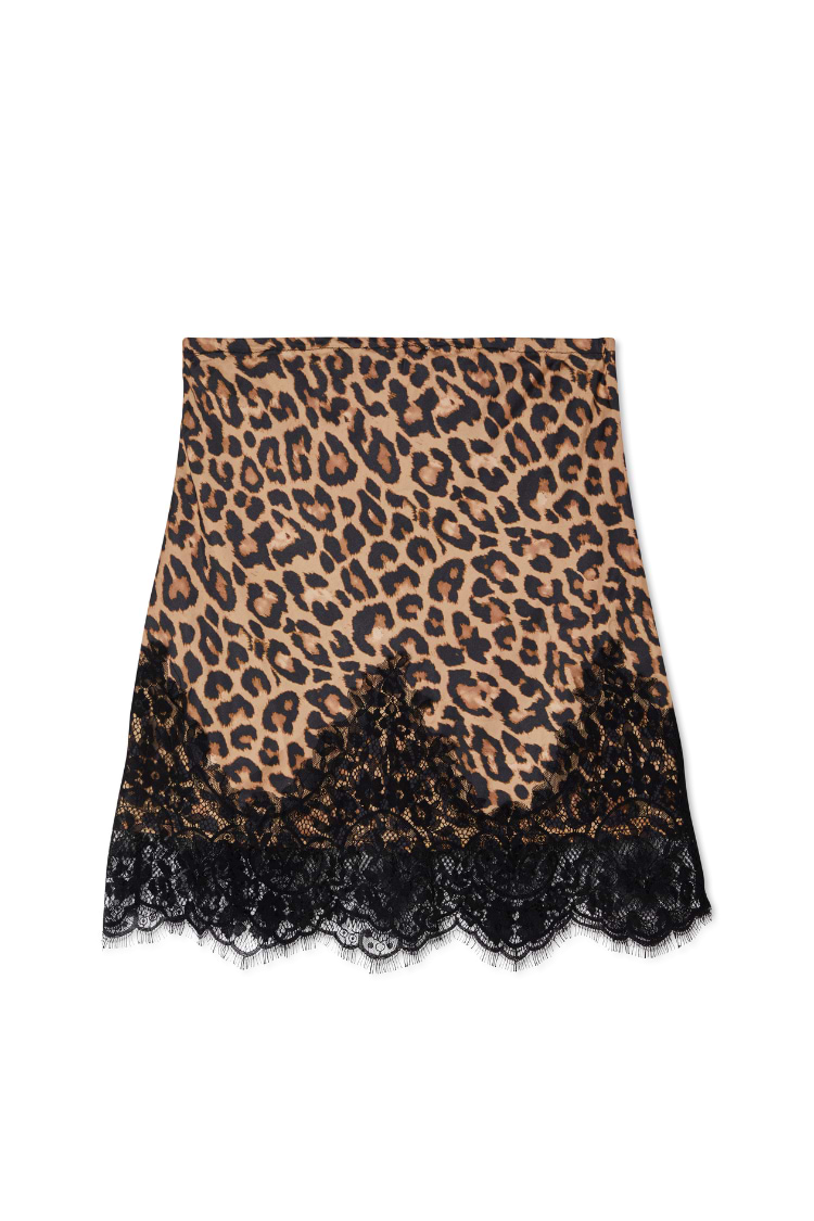 Leopard print Mini Maeva Skirt featuring a black lace trim and an elasticated waist.