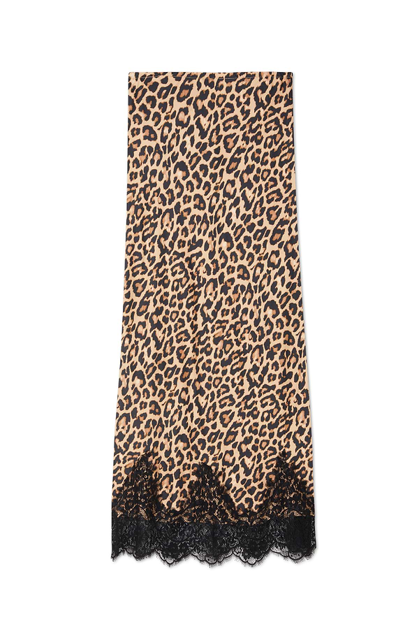 Leopard Lace Midi Maeva Skirt featuring a classic animal print and a scalloped black lace border.