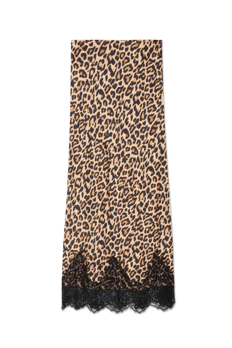 Leopard Lace Midi Maeva Skirt featuring a classic animal print and a scalloped black lace border.