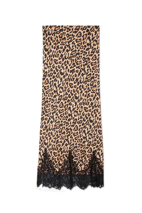 Leopard print Maeva midi skirt featuring a black lace border at the hem.