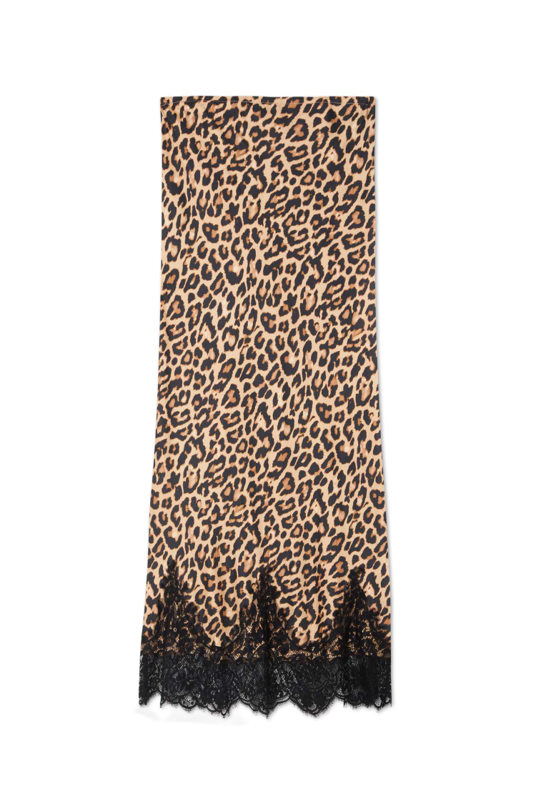 Leopard print Maeva midi skirt featuring a black lace border at the hem.