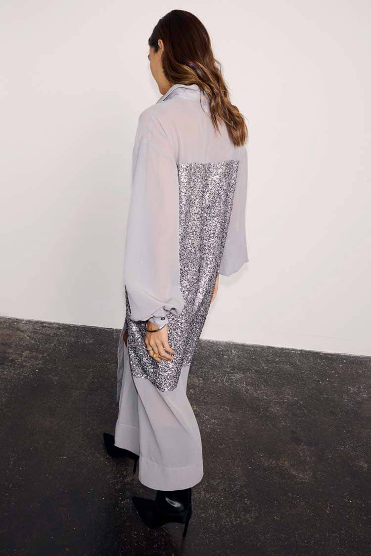 Gunmetal Sequin Lila Shirt Dress in grey, featuring a shimmering sequin back panel and relaxed longline silhouette.