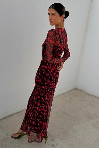 Cherry Mesh Soho Dress featuring a red digital cherry print, long sleeves and sheer mesh fabric.