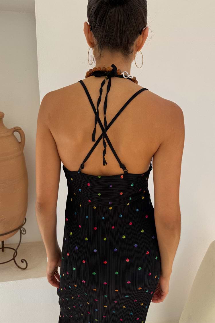 Multi Spot Megan Dress in black plisse featuring a colourful fleck print and adjustable cross-back straps.