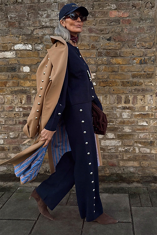 Navy Studded Knit Jogger co-ord with silver stud details, layered under a tan trench coat.